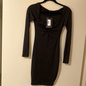 Black Long Sleeve Slinky Ruched Bust Pretty Little Thing Bodycon Dress